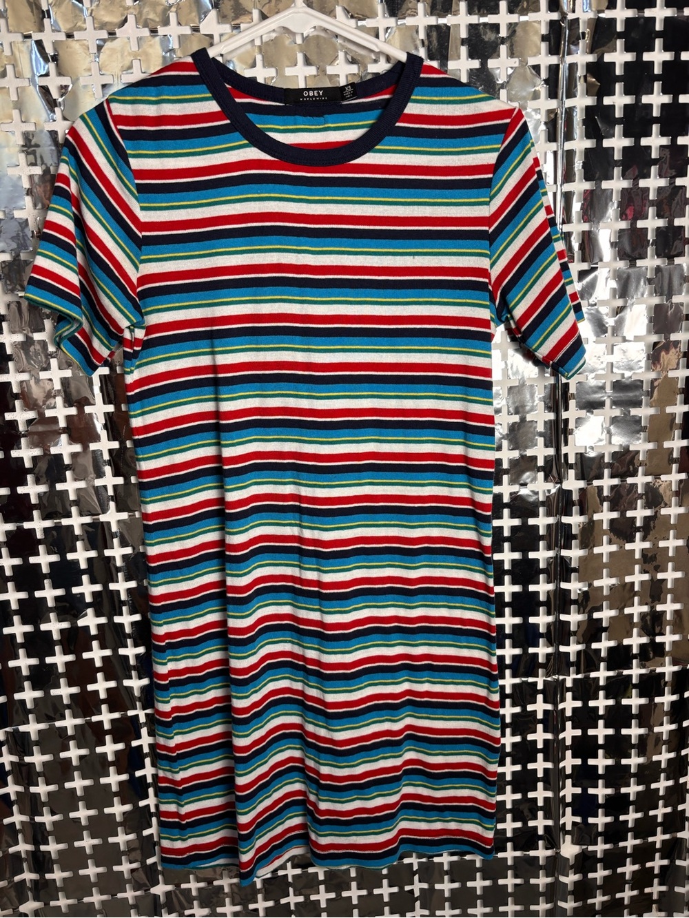 Obey Multicolor Striped Midi Tee Dress with Navy Trim